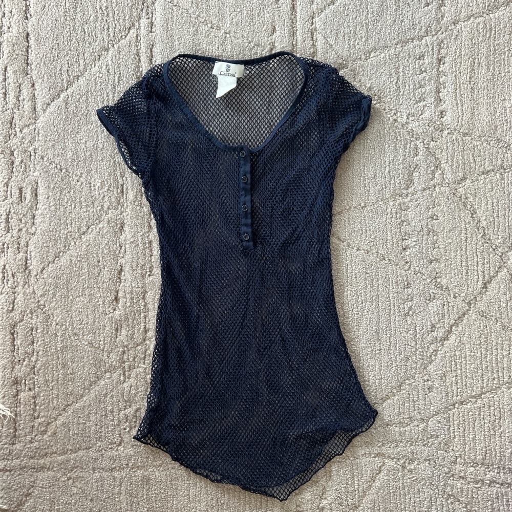Casting Calypso St. Barth Navy mesh short sleeve top with 3/4 button detailing S